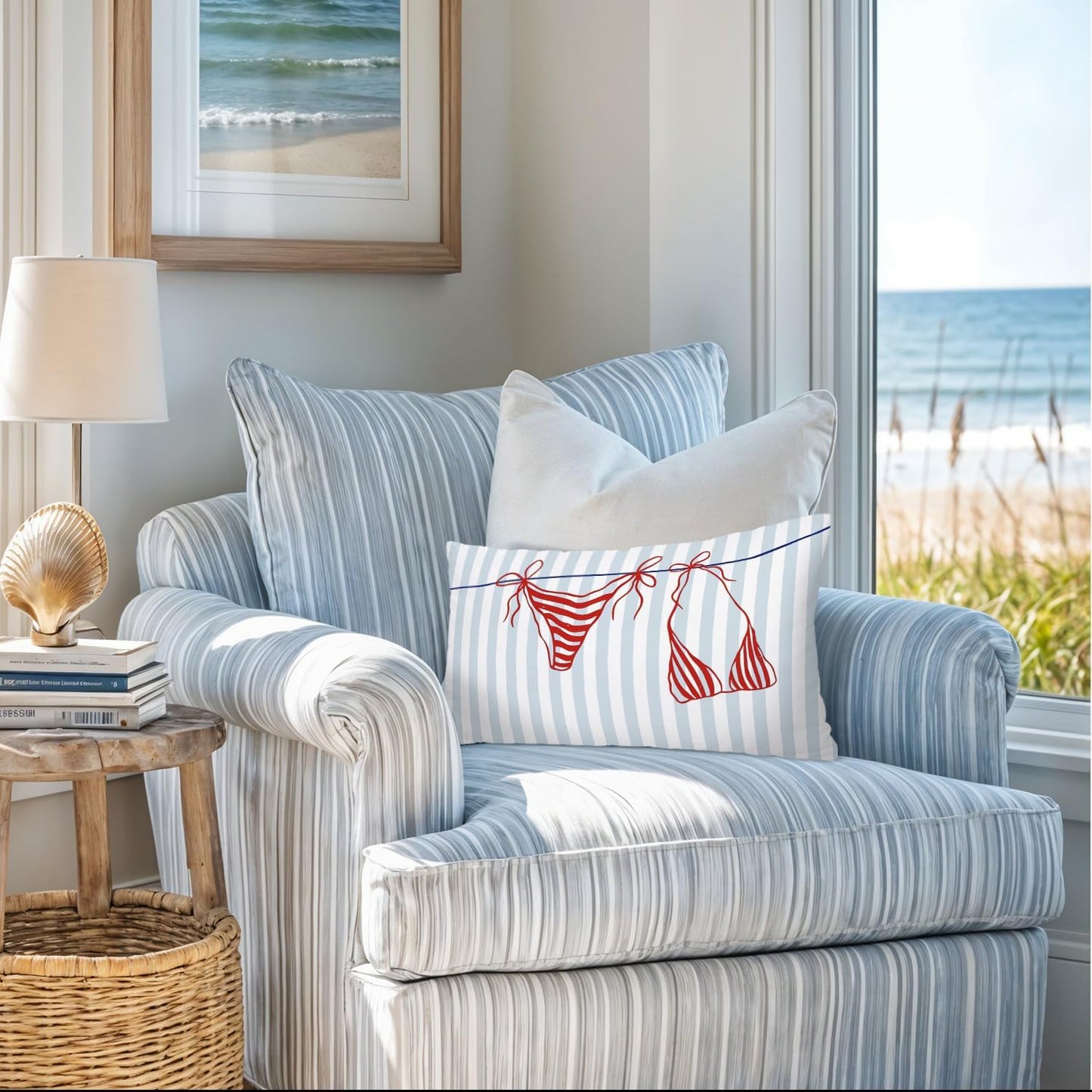 Blue Coastal Dorm Preppy Beach Girly Room Decor 12x20 Bikini Pillow Cover, Coastal Striped Decorative Lumbar Pillow Covers for Girls Bedroom College Dorm Sofa Couch