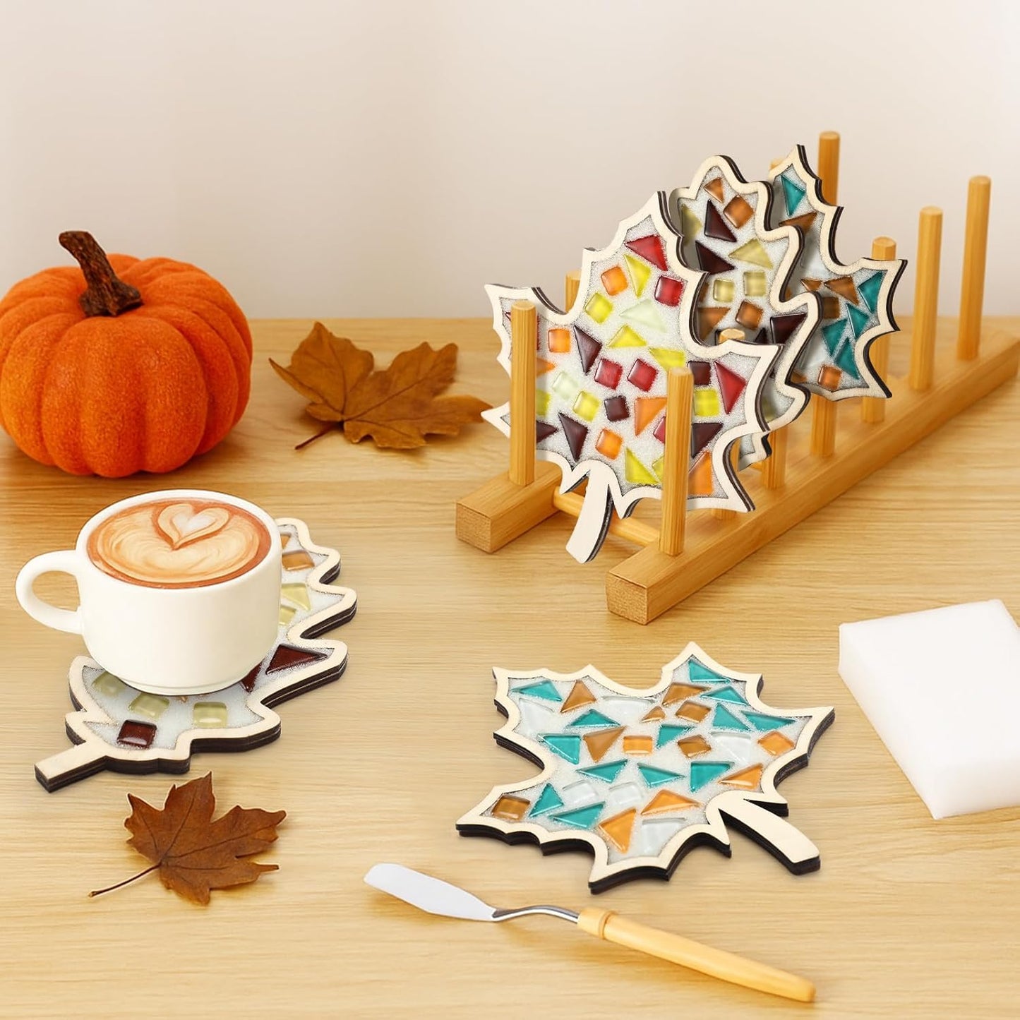 Honeydak 6 Sets DIY Glass Mosaic Tiles with 6 Wooden Coasters Making Mosaic Crafts Material Package Mixed Stained Glass for Handmade Colorful Home Decor Gift Indoor(Maple Leaf,Autumnal Color)