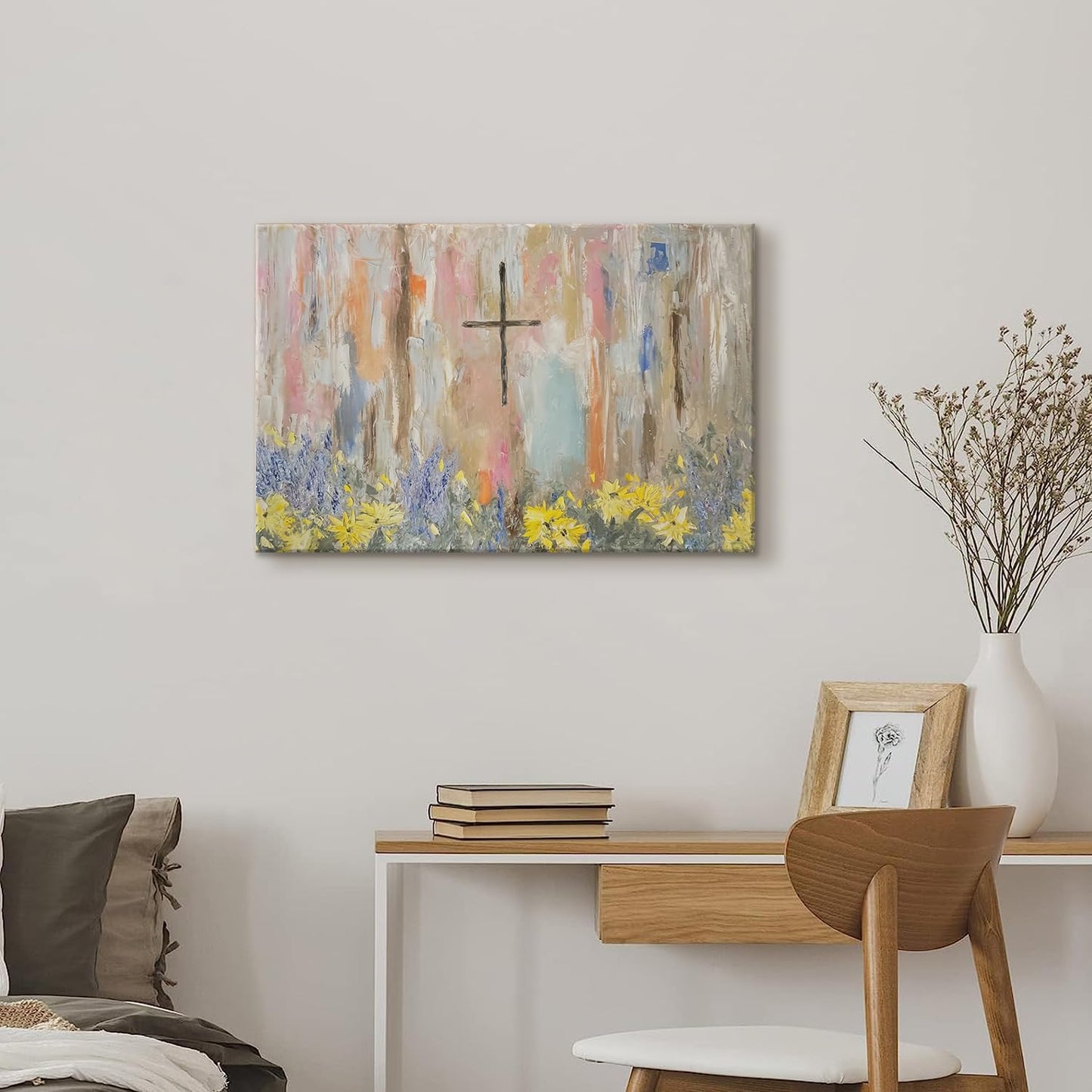 Framed Cross Flower Wall Art Christian Floral Oil Painting Canvas Prints Abstract Religious Posters Church Graffiti Pictures Wall Decor Ready To Hang (24x36in Framed)