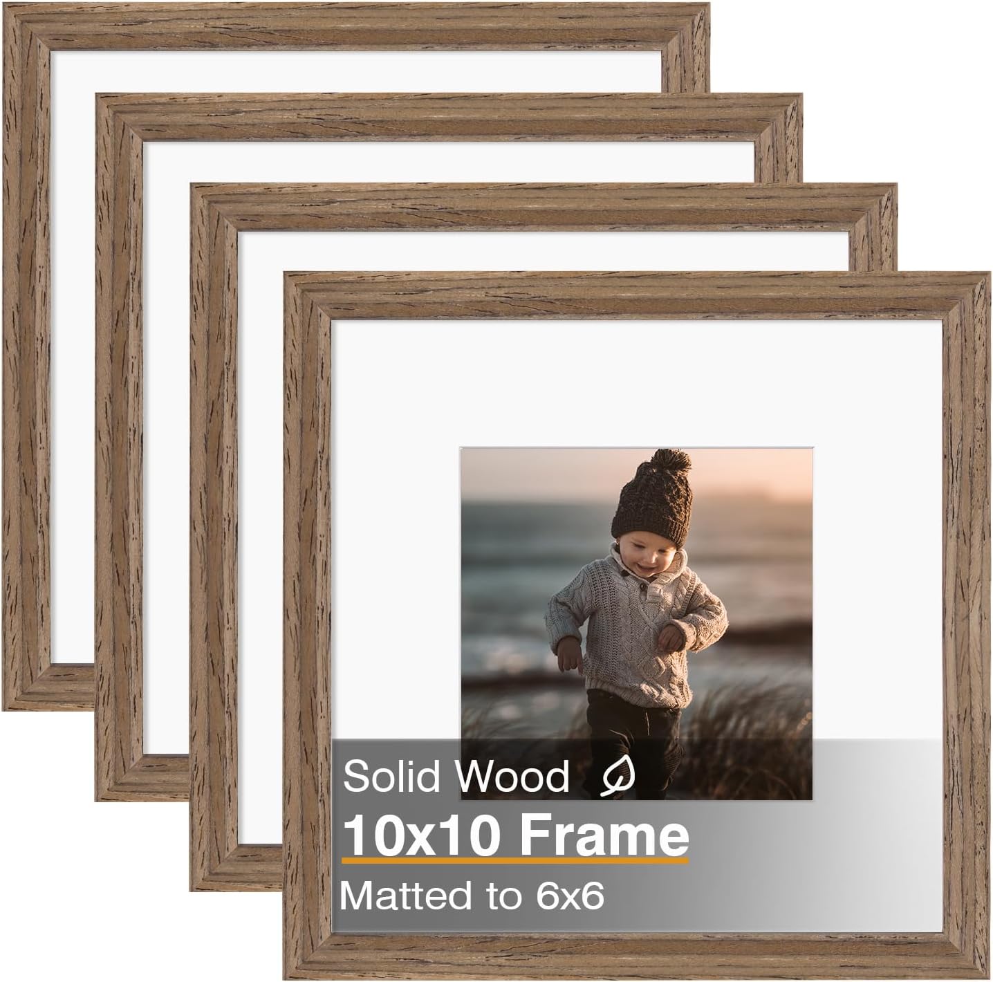 KINLINK 10x10 Picture Frame, Brown Square Solid Wood Frames for Pictures 6x6 with Mat or 10x10 without Mat, Wall and Tabletop Display Photo Frames Brown Wood 4 Pack