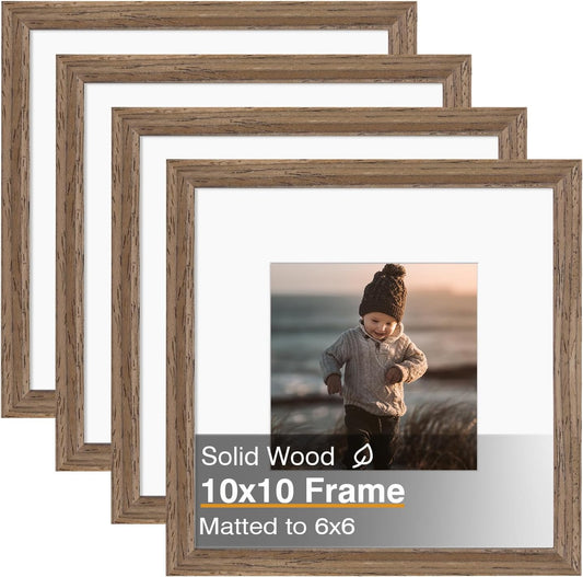 KINLINK 10x10 Picture Frame, Brown Square Solid Wood Frames for Pictures 6x6 with Mat or 10x10 without Mat, Wall and Tabletop Display Photo Frames Brown Wood 4 Pack