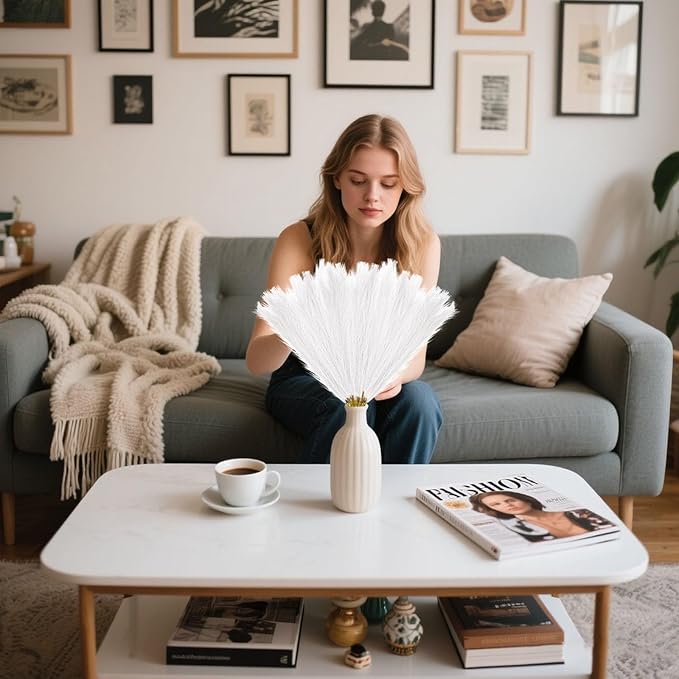 30 Pcs White Faux Pampas Grass, 17 Inches Artificial Pampas Grass Bulk, Short Fluffy Faux Pompas for Vase Filler, Home Boho, Wedding Anniversaries, Baby Shower Decoration