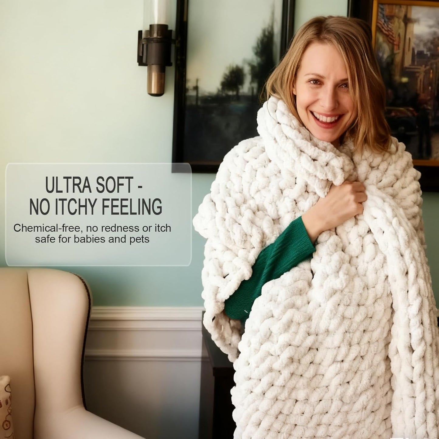 Luxury Chunky Knit Throw, Handmade Thick Cable Knit Crochet Blanket 50x60, White Soft Chenille Yarn Throw, Oeko-TEX Certified Blankets for Couch–Beds | Home Decor | Cozy Winter Gift