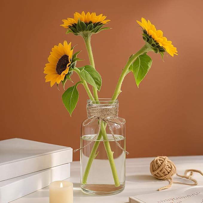 Vintage Glass Flower Vase Bulk 16 Pack Farmhouse Transparent Centerpiece Vases with Hemp Rope Mason Jars for Weddings Parties Dining Table Home Decor（Medium）