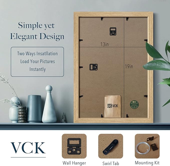 VCK 13x19 Poster Frame Beige Oak, Natural Solid Wood Picture Frames 3 Pack with Polished Plexiglass, Wall Hanging