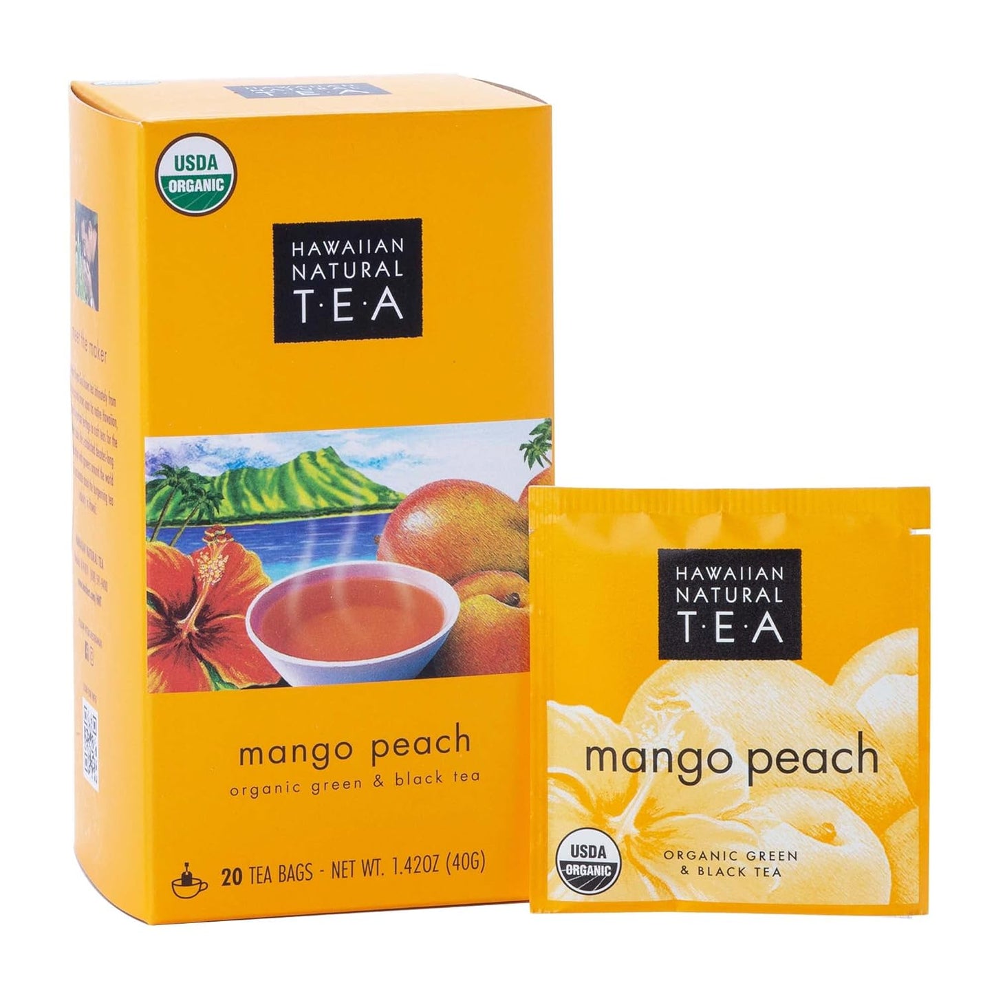 Hawaiian Natural Tea Mango Peach Flavored Organic Tea - Tropical Fruit Green and Black Tea Blend - Perfect Daily Cup & Gift for Special Occasions - 20 Tea Bags