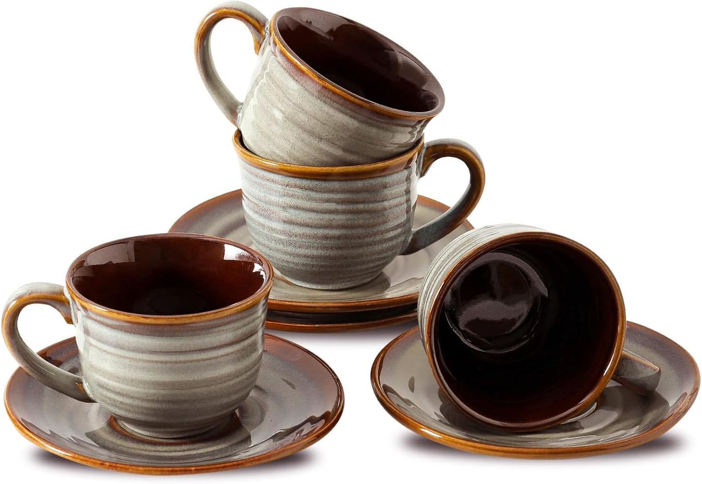 Hasense Ceramic Tea Cups and Saucers, 8oz Cappuccino Cups Set of 4, Espresso Coffee Mugs for Home and Office, Perfect for Coffee, Cappuccino, Latte, Americano, Milk and Tea - Grey Brown