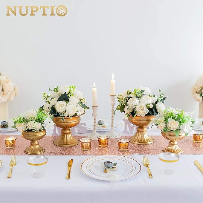 Nuptio Gold Vases for Centerpieces Wedding - 2 Pcs 6.5in Height Metal Urn Planter for Tables - Trumpet Vase for Party Decoration