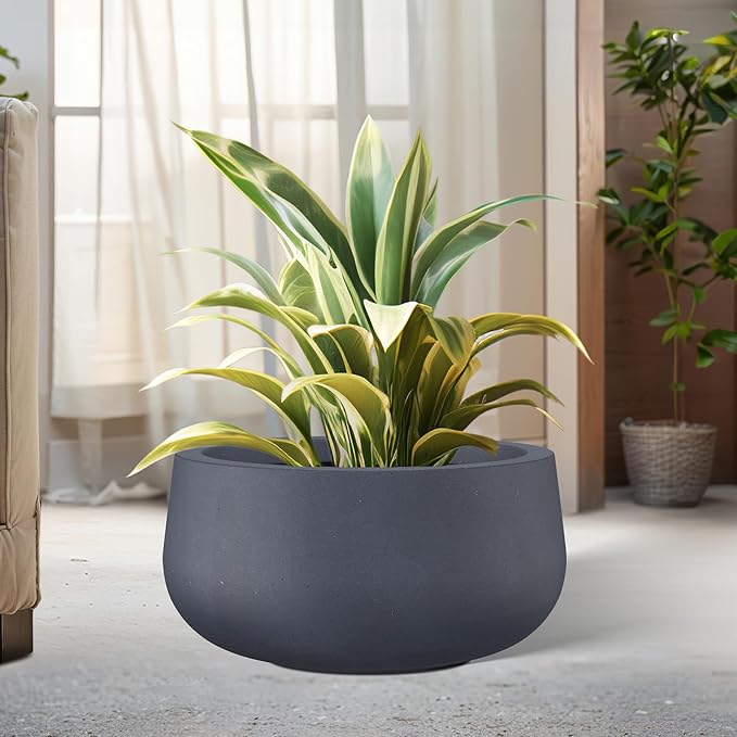 Kante 15.7" Dia Round Concrete Planter, Cement Plant Pots with Drainage Hole and Rubber Plug for Outdoor Indoor Garden Home, Modern Curvaceous Design, Dark Gray