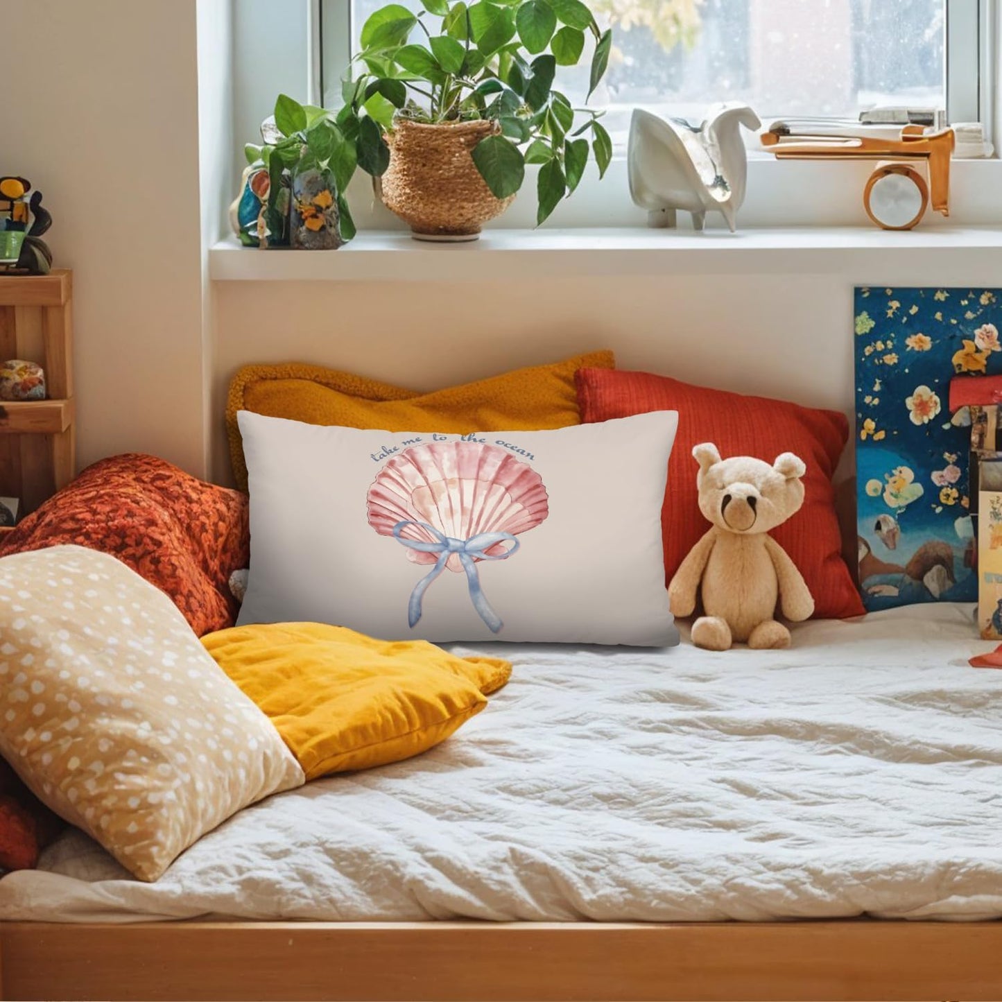 Coastal Girly Room Decor Aesthetic 12x20 Pillow Cover, Take Me to The Ocean Coquette Bow Seashell Decorative Lumbar Pillow Covers for Girls Bedroom College Dorm Sofa Couch