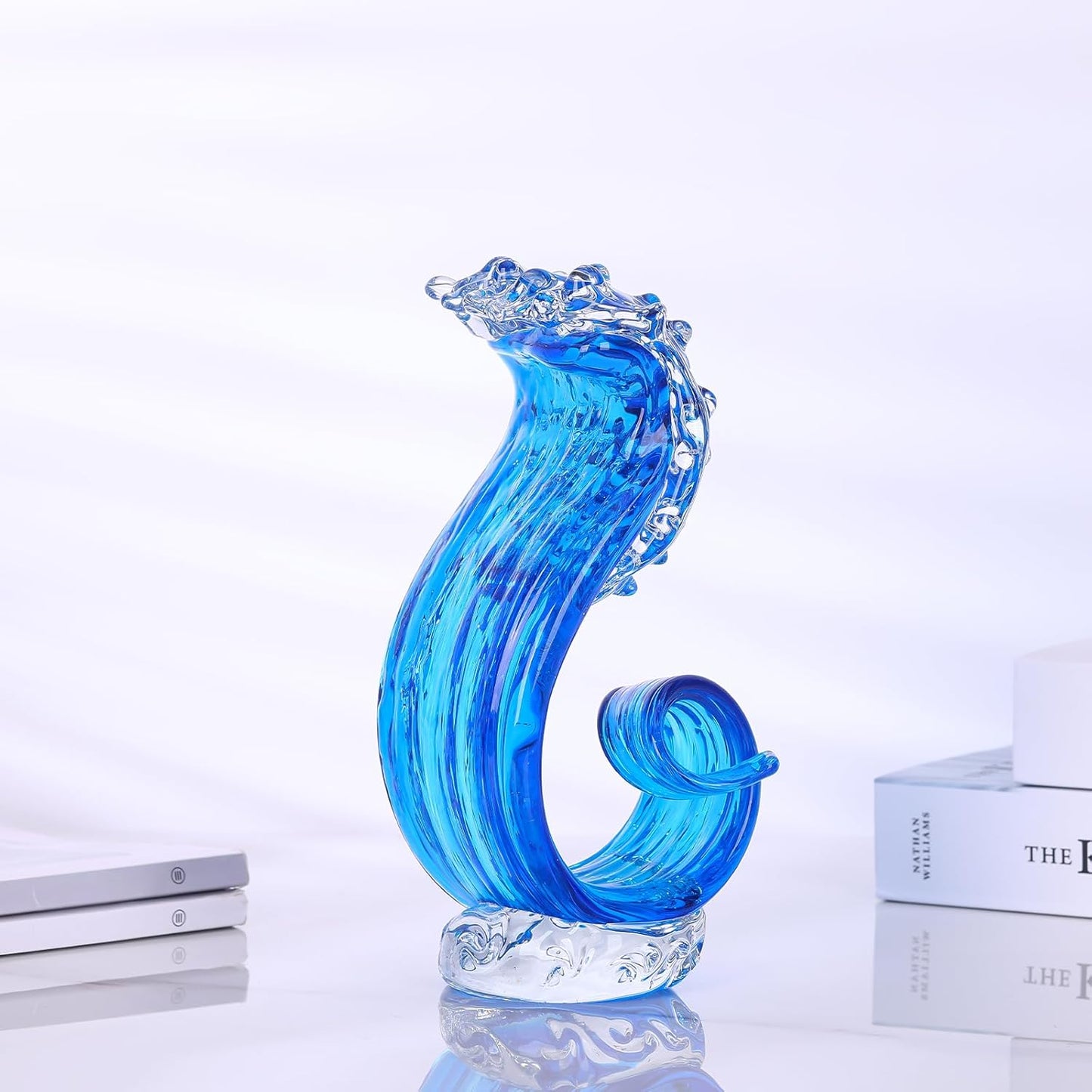 LCCCK Blue Glass Beach House Decor, Hand Blown Ocean Wave Decorate, Tall Blue Glass Sculpture Home Decor, Ocean Wave Fused Art Figurines, for Sea Art Beach Coastal Nautical Office Surfers Gifts