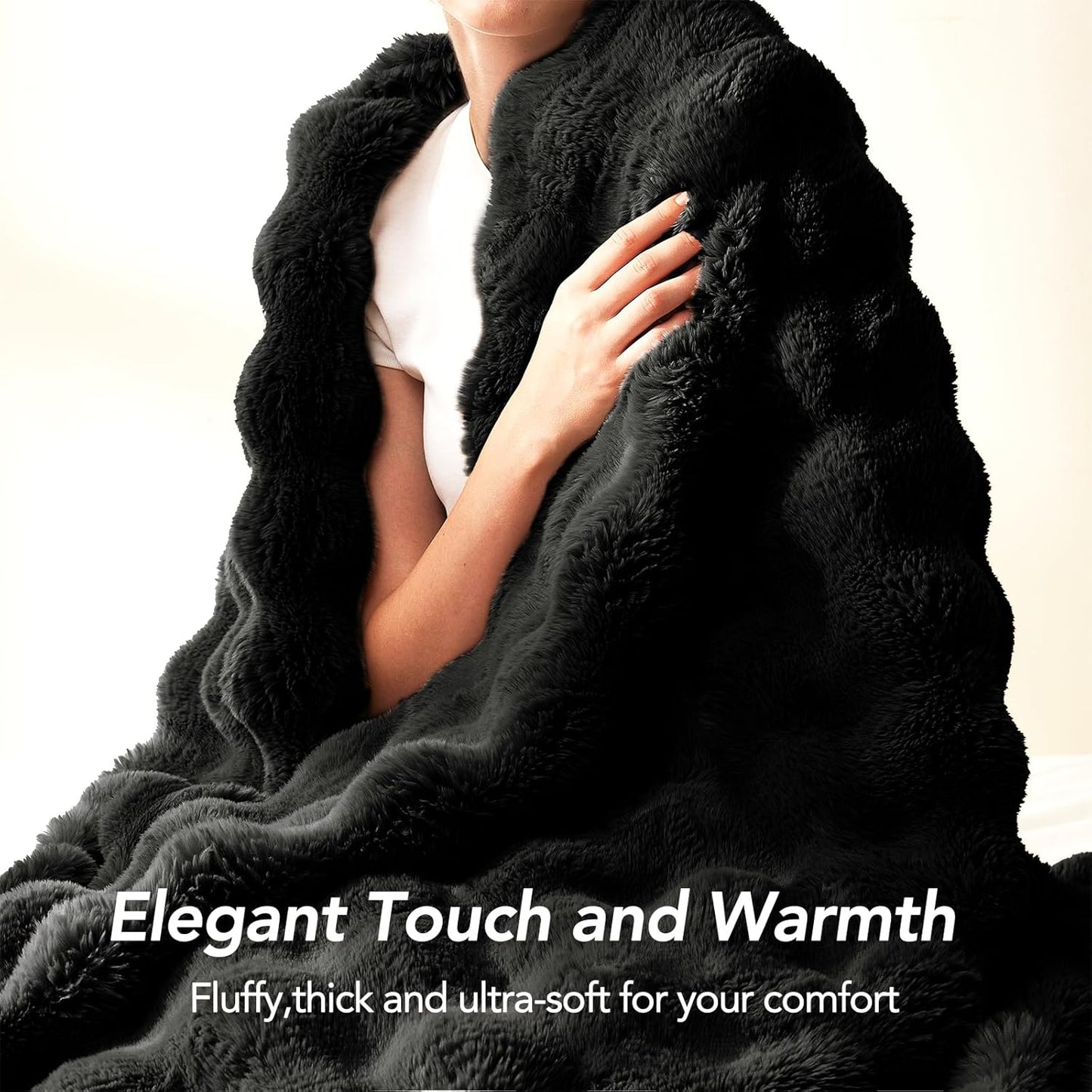 L'AGRATY Faux Rabbit Fur Blanket: 90" x 90" Queen Luxury Soft Fluffy Thick Fur Throw Blanket for Couch Bed Sofa - Cozy Plush Bubble Blankets for Winter: Flannel Fleece Decorative Blanket(Black)