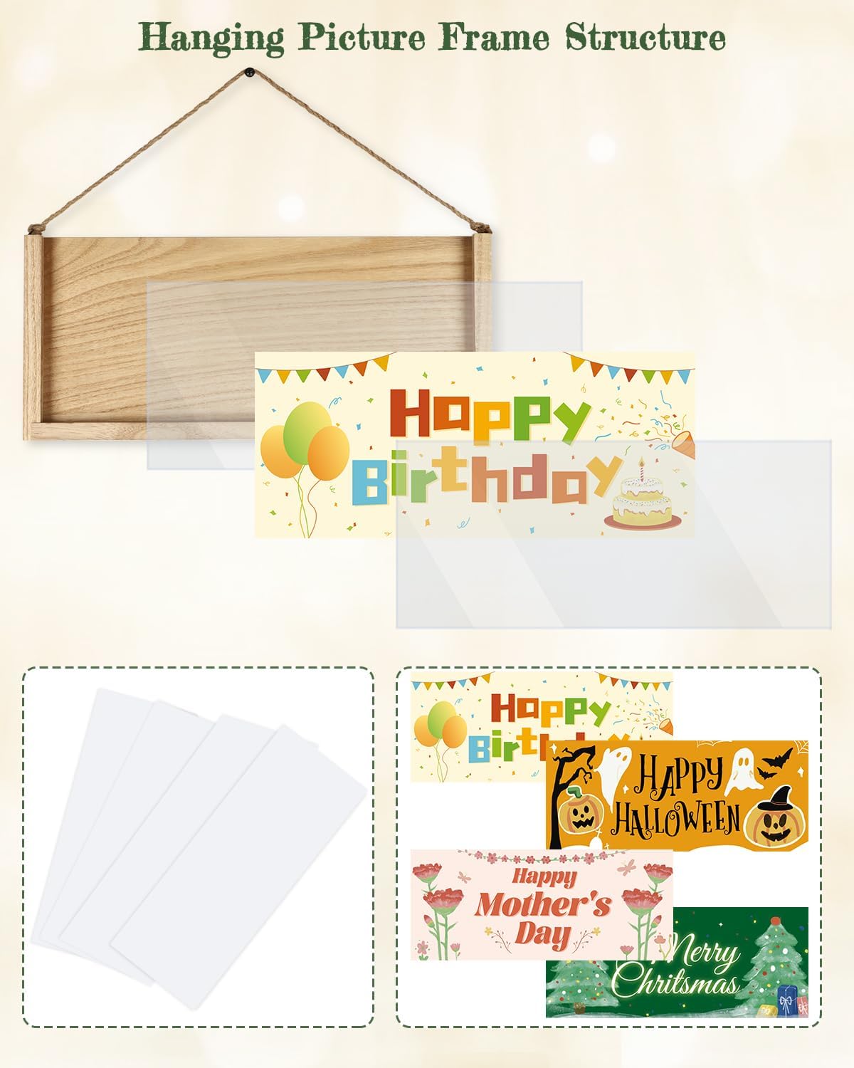 Bikoney Rustic Picture Frames Collage Wall Decor - Happy Birthday Banner Photo Hanging Display for Dorm Room Home with Gift Card Storage and 30 Clips