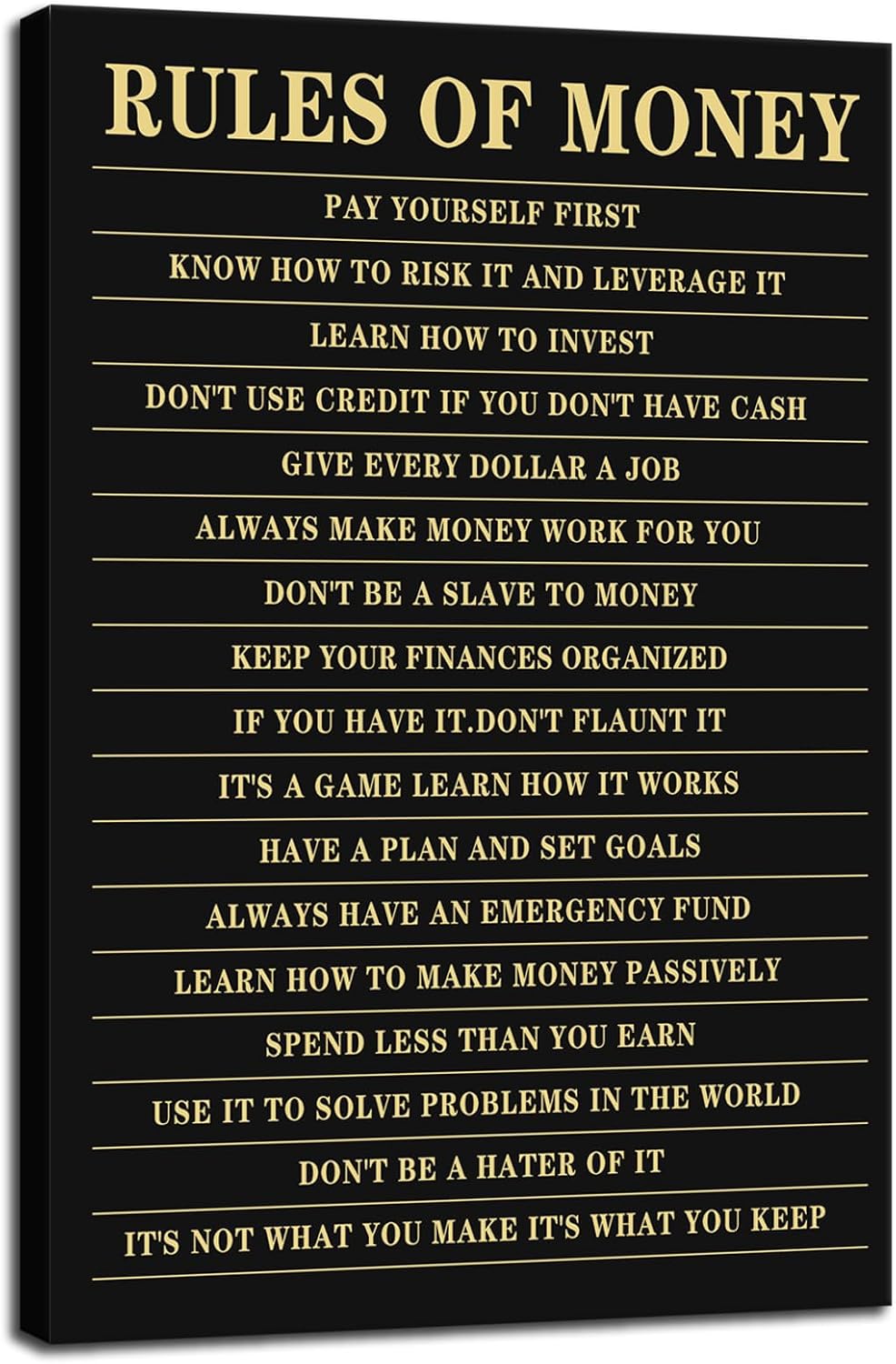 Inspirational Canvas Wall Art Rules of Money Pictures Print Motivational Poster Painting Modern Home Decor Artwork for Bedroom Living Room Office Wall Decor Framed Ready to Hang[12''W X 18''H]