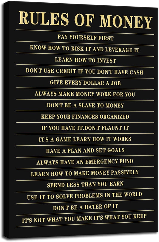 Inspirational Canvas Wall Art Rules of Money Pictures Print Motivational Poster Painting Modern Home Decor Artwork for Bedroom Living Room Office Wall Decor Framed Ready to Hang[12''W X 18''H]