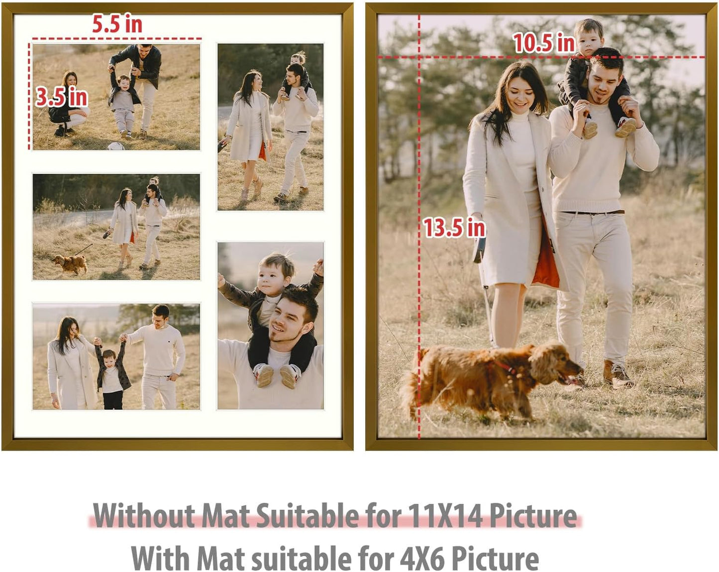 Frametory - 11x14 Aluminum Collage Picture Frame - Display 4x6 Pictures with 5 Openings Mat - Real Glass Front - Horizontal/Vertical Wall Mount - Bronze 1 Pack