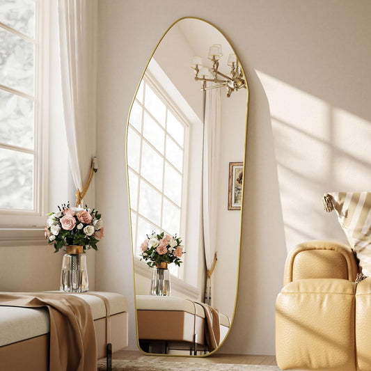 Full Length Floor Mirror - 67"x24" Aluminum Frame Irregular Diamond Shaped Standing Leaning Hanging for Bedroom Living Room Cloakroom Decor Large Mirror Gold