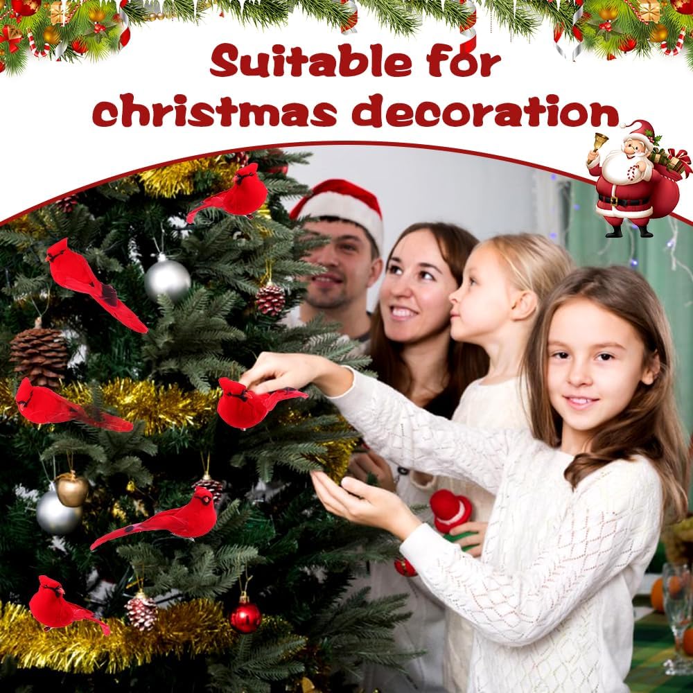 JOICEE 6 Pcs Cardinal Red Birds for Crafts, Artificial Cardinal Clip On Christmas Tree Ornaments Red Feather Faux Birds Cardinals Decorations for Xmas Tree Wreath Yard Patio Home Decor