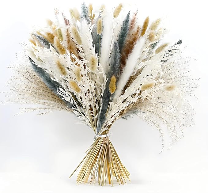 100PCS Air Dried Pampas Grass 6kind Mix Bouquet. Eternal Flower. for Wedding. Party,Photo Props Decor. Boho Dried Floral Arrangement Centerpiece