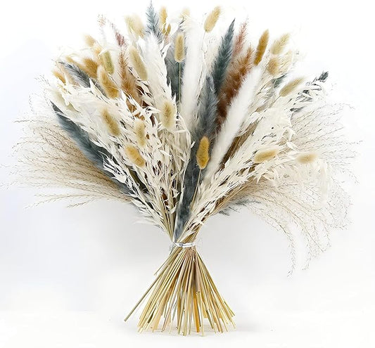 100PCS Air Dried Pampas Grass 6kind Mix Bouquet. Eternal Flower. for Wedding. Party,Photo Props Decor. Boho Dried Floral Arrangement Centerpiece