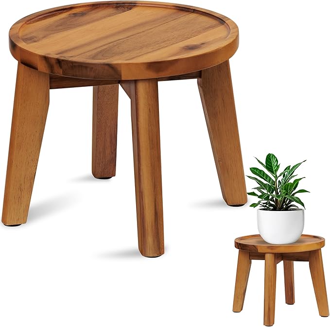 Demigo Indoor Plant Stand, Acacia Wooden Decorative Plant Shelf with Spill-Proof Tray, Stable 8” Tall Flower Holder for Heavy Pots, Gardening Display for Decor Living Room Patio - Natural Brown