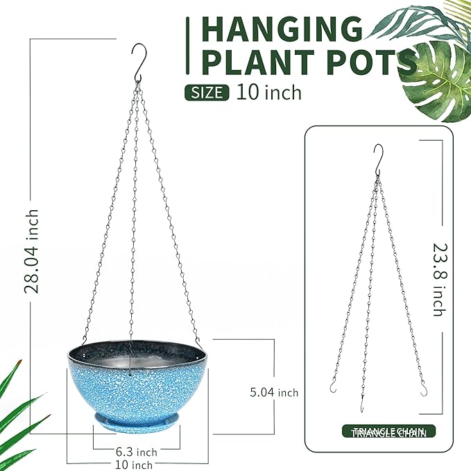 Hanging Planters for Indoor Outdoor Plants-2 Pack 10 inch Hanging Plant Pots with Drainage and Chain, Hanging Planter for House Plants (Blue with White Spray)