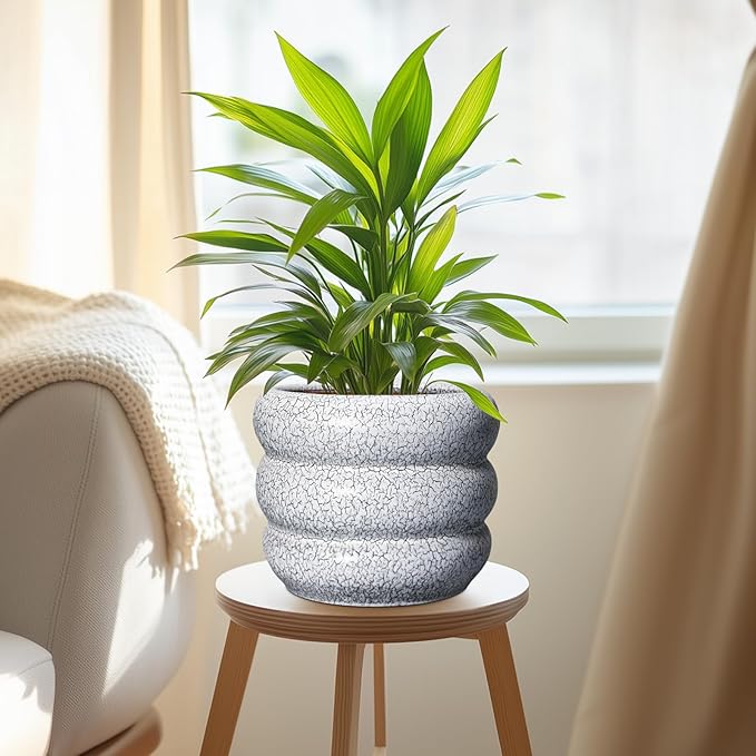 SQOWL Ceramic Pots for Plants - 8 Inch Plant Pot with Drainage Hole, Round Planter for Indoor Plants, Ceramic Flower Pots Outdoor, Modern Planter, Room Decor, Gifts for Plant Lover, Black and White