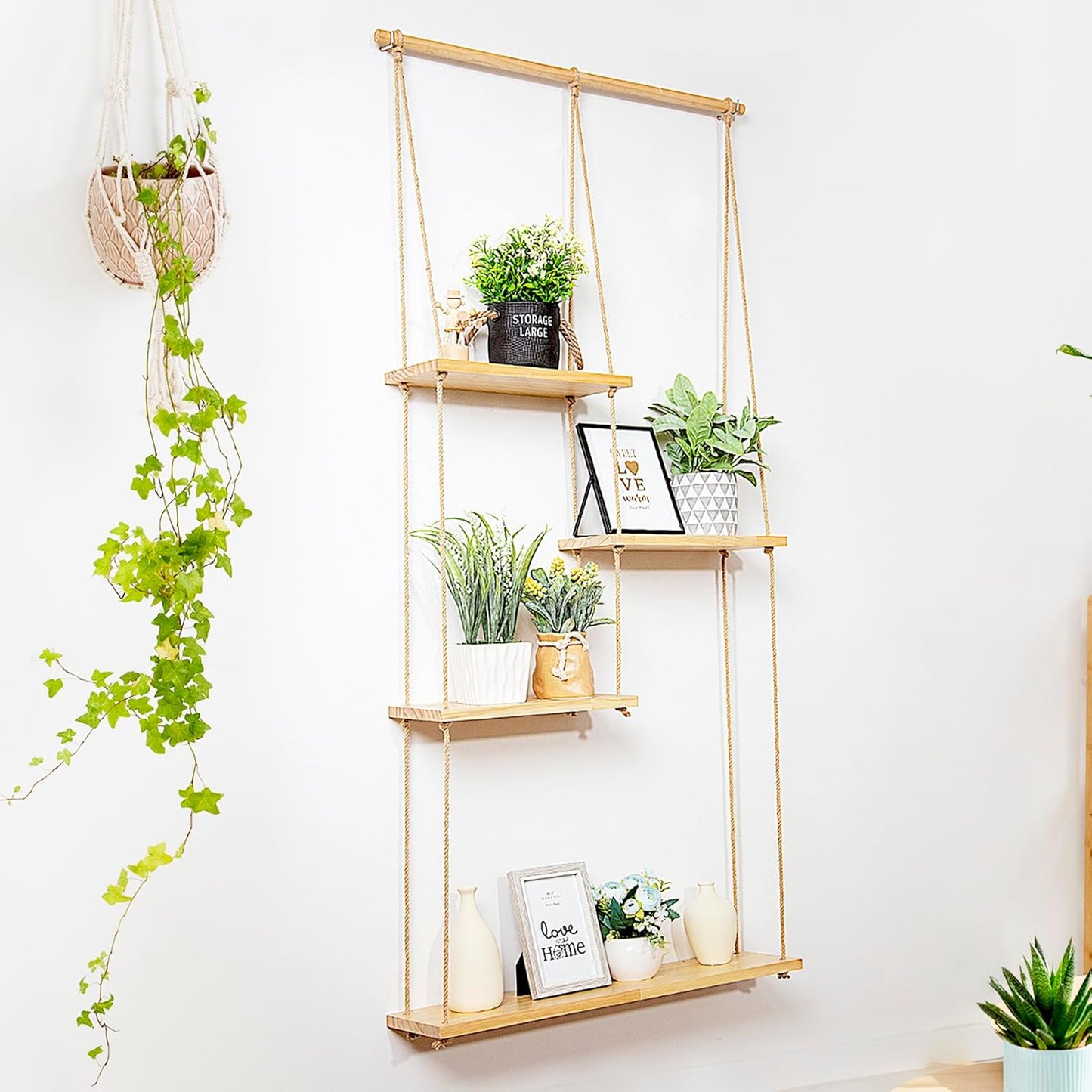 jontell Plant Wall Shelf Macrame Wall Hanging Shelf- Macrame Shelves Handmade Decorative Boho Floating Wall Shelves- Rope Shelf to Organize and Decor for Living Room, Bedroom, Bathroom