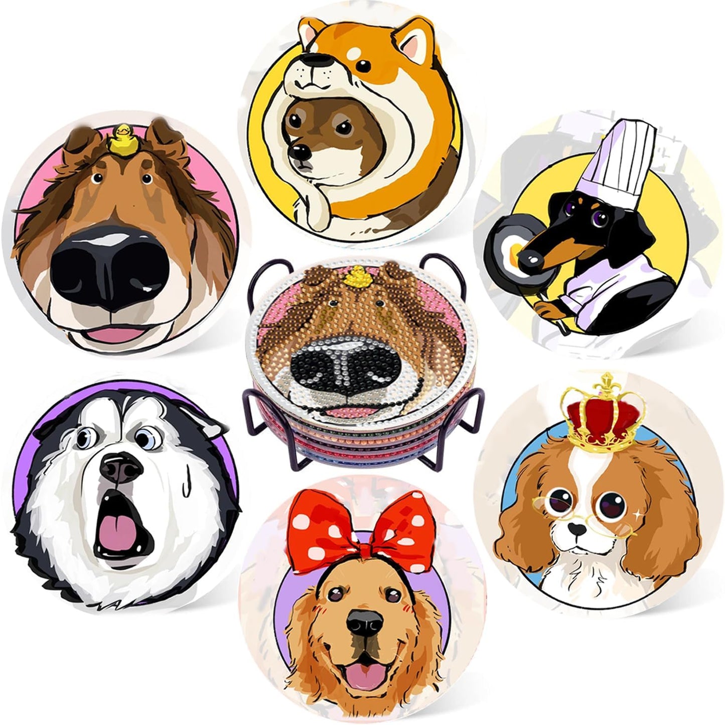 EWJRNSF 6 PCS Small Diamond Art Coasters Kits, Diamond Painting Coasters, Fall Diamond Art Kits for Adults Beginners, Arts and Crafts Item Sets with Holder for Drinks. Dog