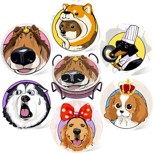 EWJRNSF 6 PCS Small Diamond Art Coasters Kits, Diamond Painting Coasters, Fall Diamond Art Kits for Adults Beginners, Arts and Crafts Item Sets with Holder for Drinks. Dog