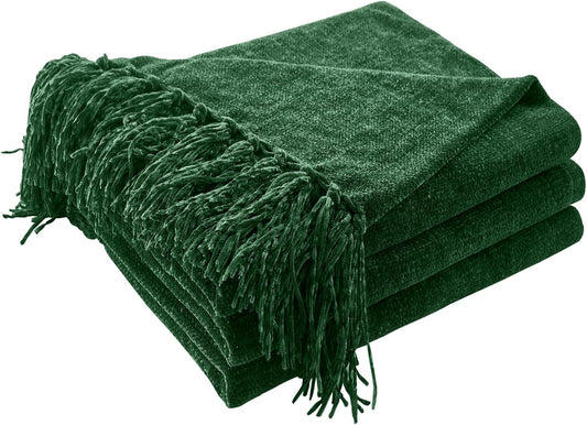 CozeCube Chenille Throw Blanket for Couch, Cozy Plush Fuzzy Decorative Christmas Green Blanket with Fringe Tassels, Lightweight Throws for Bed Sofa Gift Home Decor, 60"X80"