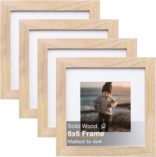KINLINK 6x6 Picture Frame, Natural Square Solid Wood Frames for Pictures 4x4 with Mat or 6x6 without Mat, Wall and Tabletop Display Photo Frames Natural Wood 4 Pack