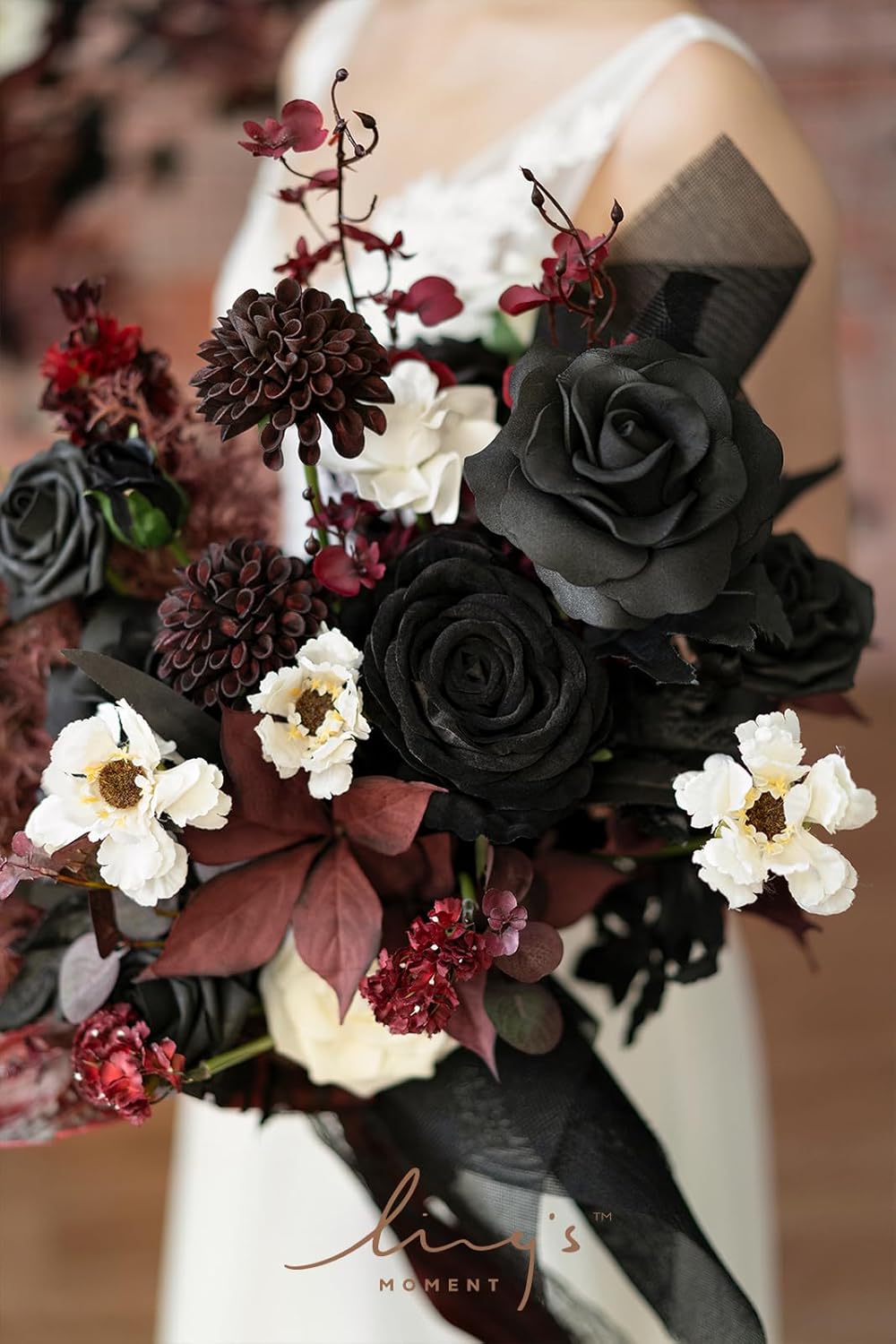 Ling's moment Black and Burgundy Wedding Bouquets for Bride, Gothic Bridal Bouquets for Bride, 15 Inch Free Form Artificial Wedding Flower Bouquet