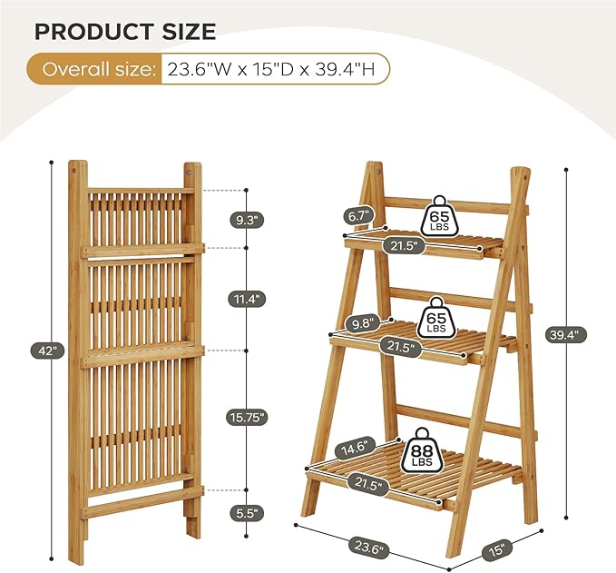 Foldable Plant Shelf Ladder Shelf, 3 Tier Bamboo Ladder Flower Pot Display Shelf, Freestanding Ladder Bookshelf Rack for Garden, Balcony, Yard, Living Room, 23.6" W x 15" D x 39.4" H, Natural