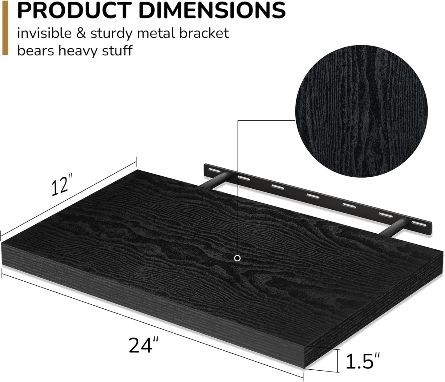 Fun Memories Floating Shelves - 2 Pack 12 Inch Rustic Wooden Wall Shelves - Extra Deeper & Thicker Wall Mounted Storage Shelf for Living Room, Kitchen, Farmhouse - 24" W x 12" D x 1.5"H - Rustic Black