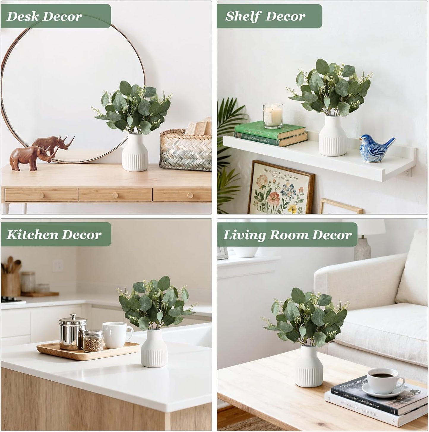Dahey Artificial Eucalyptus Stems in Small Ceramic Vase Centerpiece Table Decorations Modern Farmhouse Decor Fake Eucalyptus Plants with Vase for Bathroom Kitchen Shelf Living Room Home Decor, White