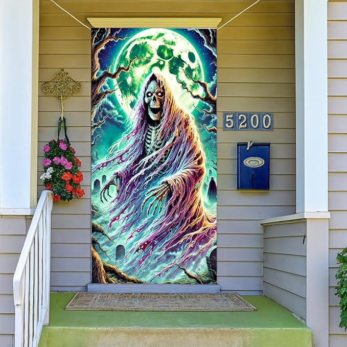 2D flat Ghost in Forest Door Cover Banner – Halloween Spirit Scary Door Decorations – Haunted Holiday Entryway Decor for Home 71x35 Inch