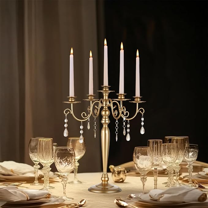 Sziqiqi Wedding Candelabra Table Centerpiece: 5 Arm Candelabras for Candlesticks - Gold Candle Holder Set of 2 for Christmas Engagement Birthday Party Event