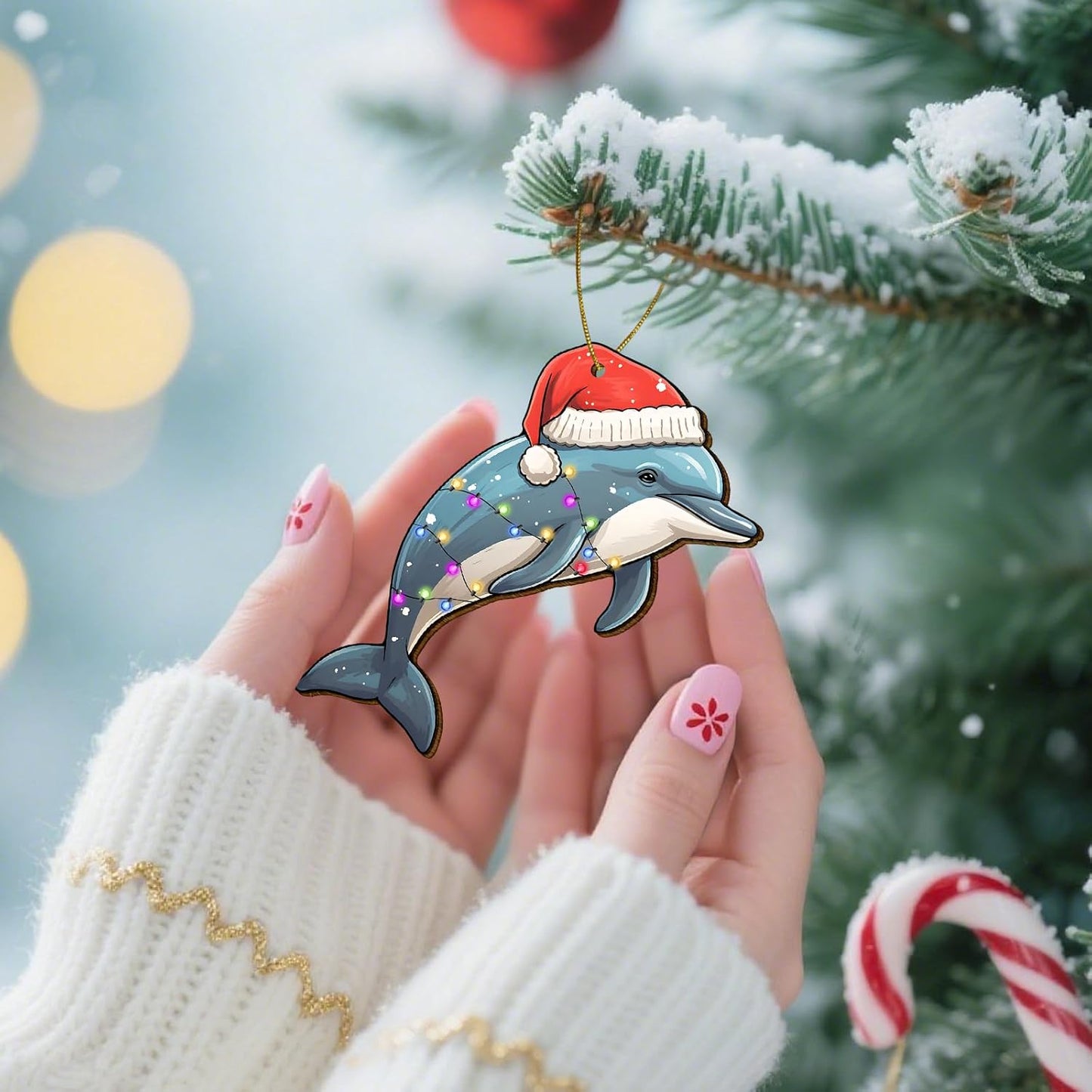 Dolphin Ornament for Christmas Tree Decorations - Dolphin with Santa Hat Hanging Ornament - Marine Life Decorative Gifts - 2 Side Printed Wooden Ornament