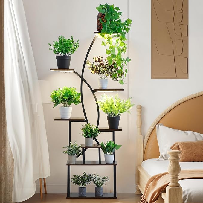 Plant Stand Indoor with Grow Light,8 Tiered Tall Plant Shelf for Multiple Plants, 64.6" Tall Plant Stands for Indoor Plants, Wooden Display Rack Holder, X-Shape Plant Rack, Corner Flower Stand for Living Room, Garden, Patio