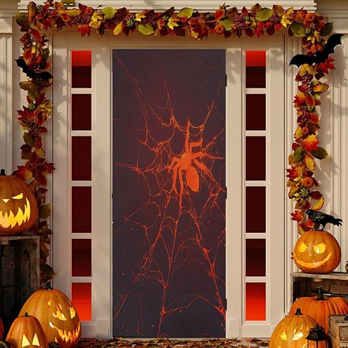 Halloween Door Cover Cool Red Spider Web Hand Drawn Banner Decoration 79 * 35 inch for Front Doors Wall Party Decor