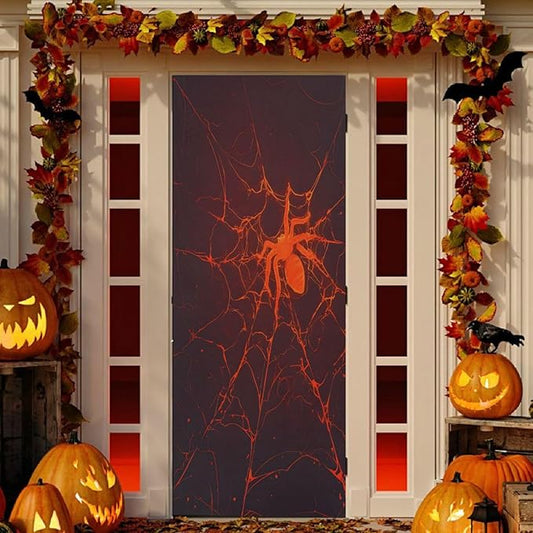Halloween Door Cover Cool Red Spider Web Hand Drawn Banner Decoration 79 * 35 inch for Front Doors Wall Party Decor