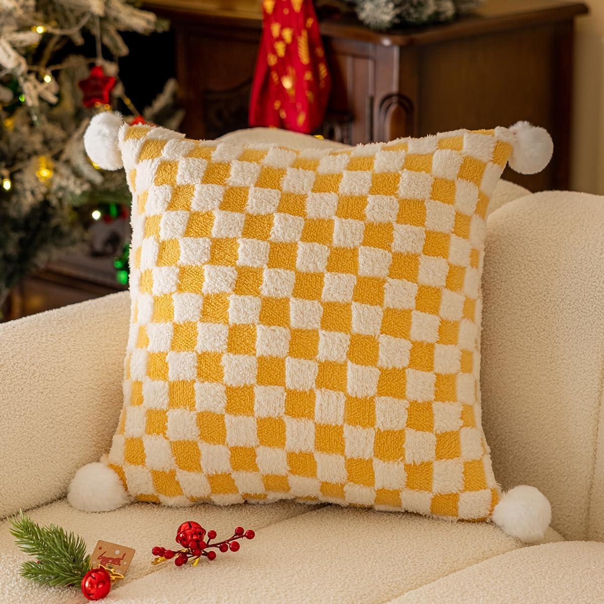 Faux Fur Plush Decorative Throw Pillow Covers with Pom Poms 18x18 Square Soft Christmas Checkered Pillow Covers for Couch Set of 2 Yellow x2
