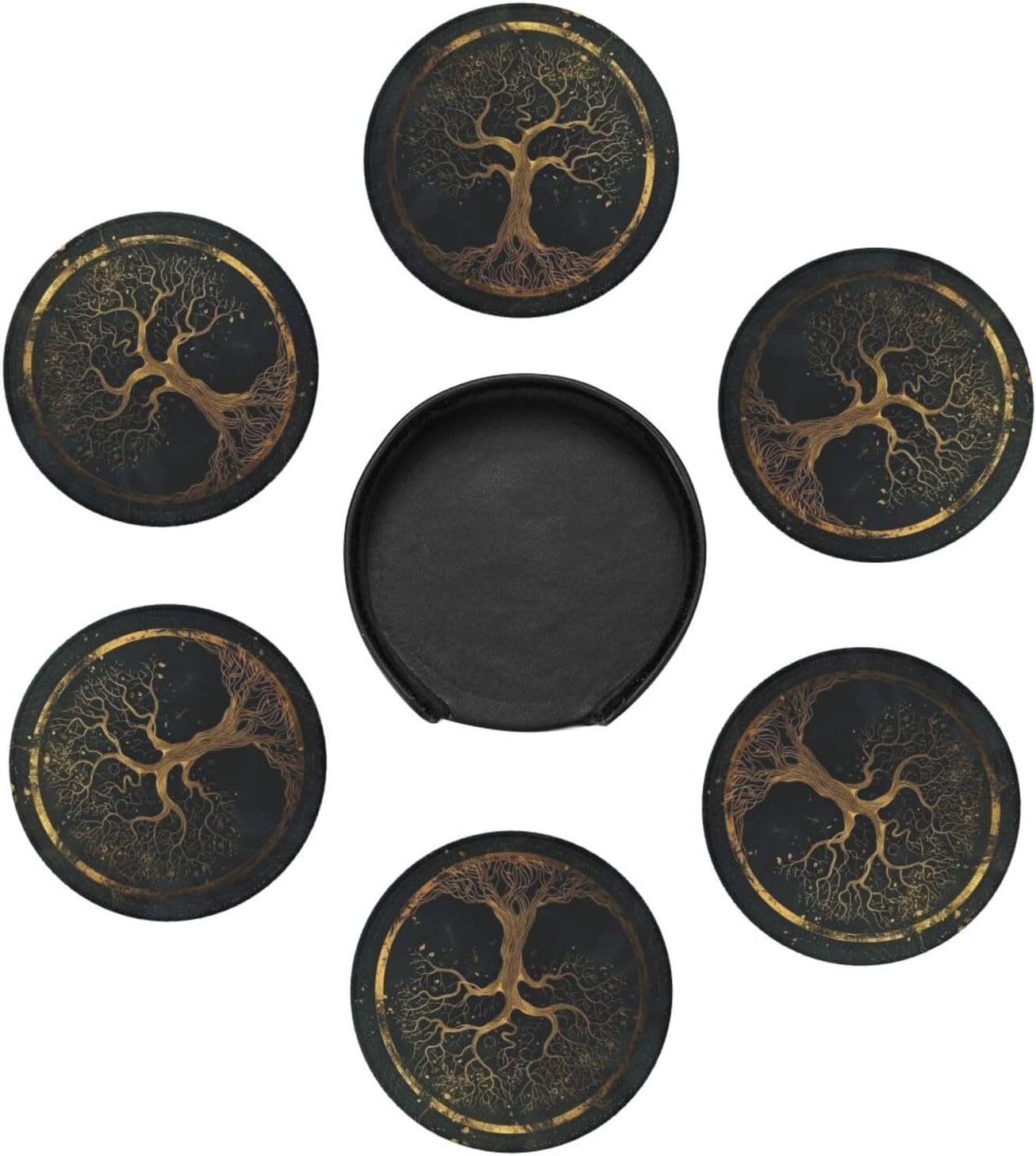 Drink Coasters with Holder Stand Set of 6, Marble Gold Tree of Life Pu Leather Absorbent Coasters with Cork Base Table Round Coaster for Housewarming Apartment Kitchen Bar Decor