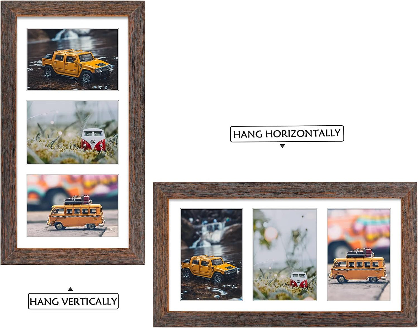 Golden State Art, Set of 2, 7x14 Distressed Brown Wood Frame - 3-Opening White Mat for 4x6 Pictures - Portrait or Landscape Wall Mounting - Sturdy And Easy To Install - Real Glass