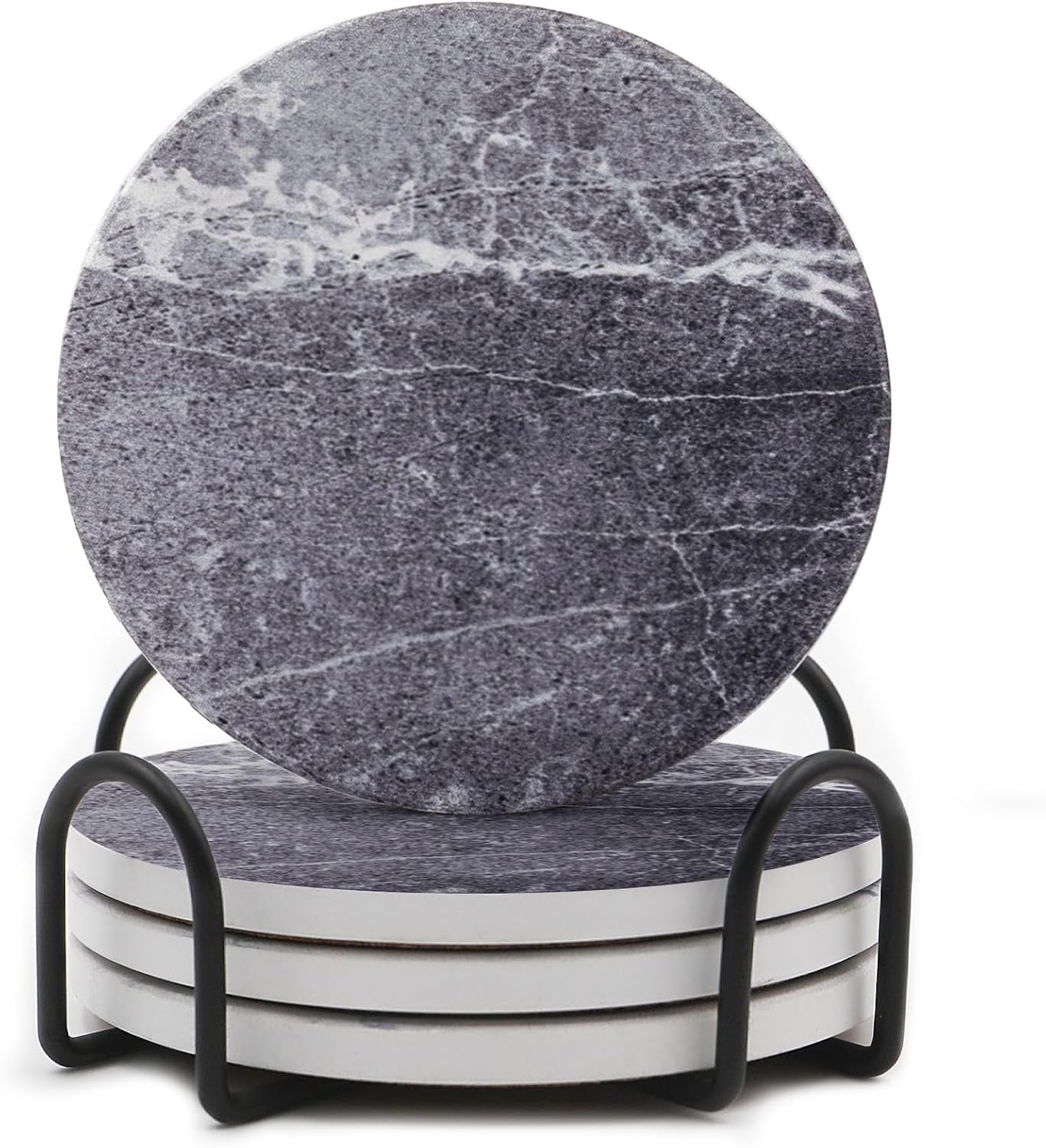 LIFVER Drinks Coasters Set of 4, Living Room Decor, Ceramic Absorbent Coasters with Cork Base, Protect Wooden Table or Furniture from Scratched, Drink Coasters with Holder - Grey