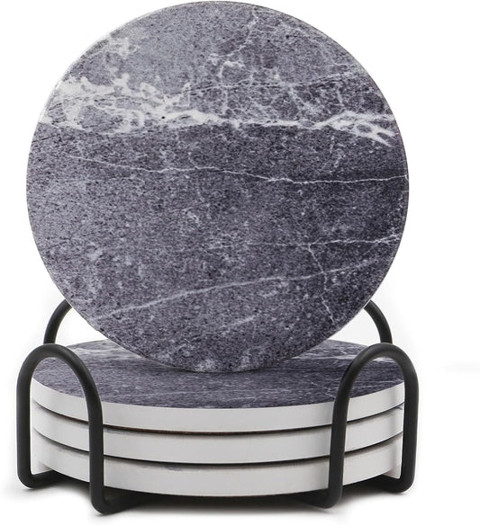 LIFVER Drinks Coasters Set of 4, Living Room Decor, Ceramic Absorbent Coasters with Cork Base, Protect Wooden Table or Furniture from Scratched, Drink Coasters with Holder - Grey