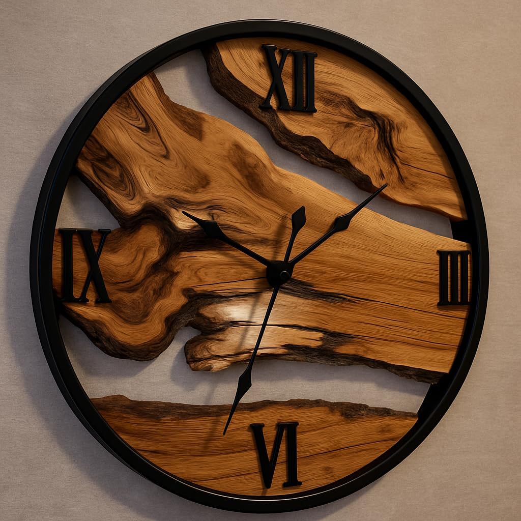 lagom Olive Wood Wall Clock – Large Handmade Silent Wooden Clock with Metal Frame, Rustic Wall Hanging Decor for Living Room, Bedroom, Office – Unique Gift for New Home (Olive Wood, 16 inches)