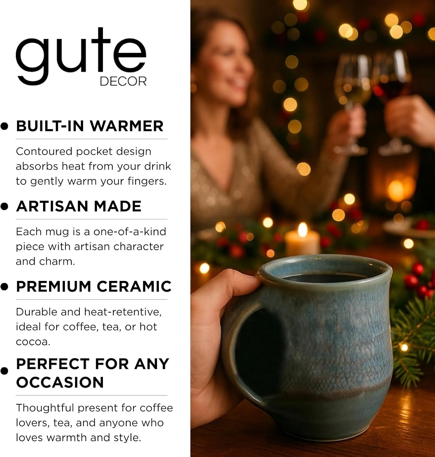 GUTE Hand Warmer Mug, Ceramic and Hand Painted - Contoured Pocket will Hold Warmth From The Heat Of Your Drink To Keep Your Fingers Warm, Comfy Handwarmer (Lagoon Blue) (Left hand)