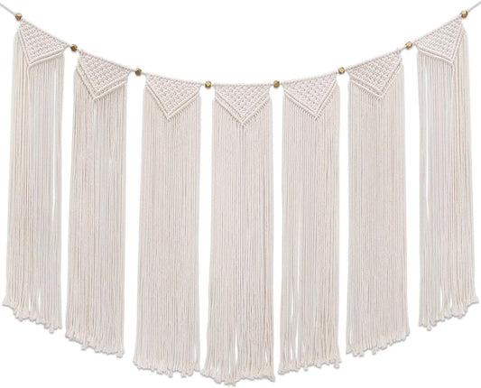Flexzion Macrame Wall Decor Hanging Boho Hand Woven Tapestry Art Bunting Banner Bohemian Wall Decor for Home Bedroom Living Room Rustic Hippie Garland Baby Nursery, 47 Inch Cream White Cotton Curtain